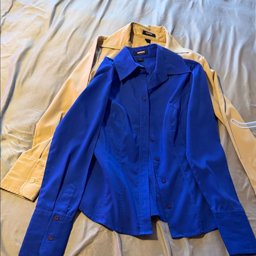 Express Women’s Button-Down Shirt in Royal Blue (paired with Beige)